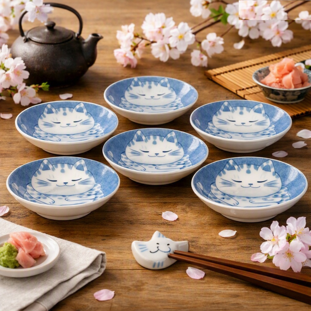 Coupelles japonaises en céramique décorées de chats Buchi, présentées sur une table japonaise