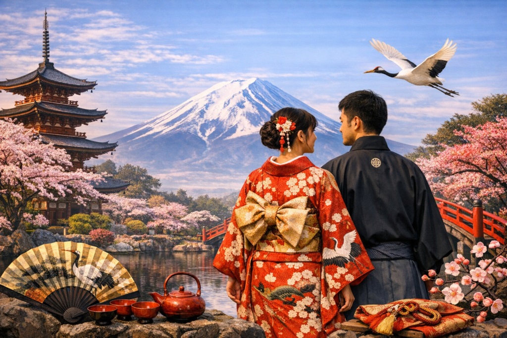 Bannière du guide des kimonos japonais, montrant un kimono traditionnel dans une ambiance japonaise élégante