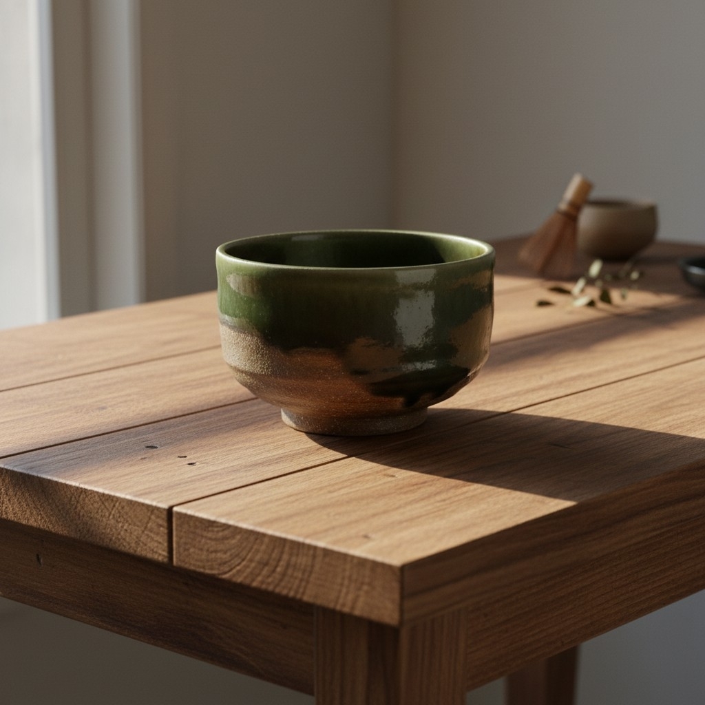 Bol japonais à matcha brun et vert en céramique présenté sur une élégante table en bois naturel