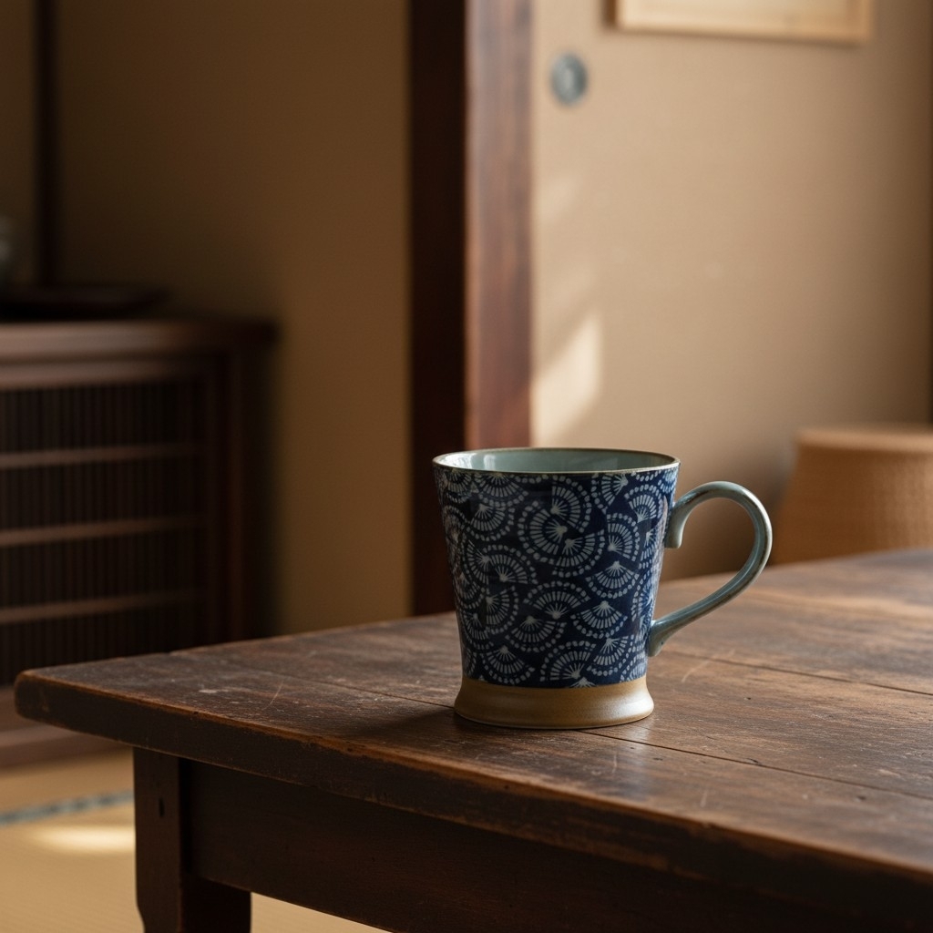 Petit mug japonais bleu Oogimai en céramique posé sur une élégante table en bois dans une ambiance japonaise chaleureuse