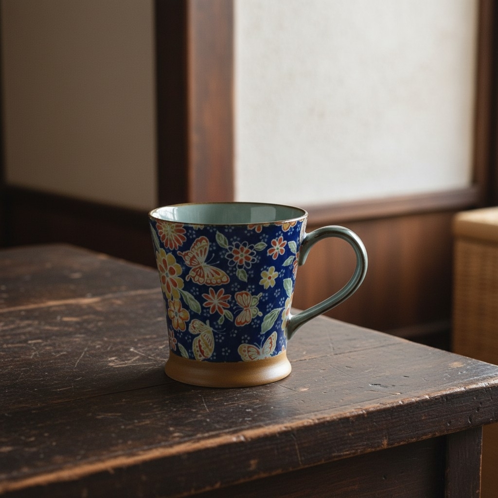 Petit mug japonais Maikatyou en céramique décorée de motifs traditionnels présenté sur une jolie table en bois naturel