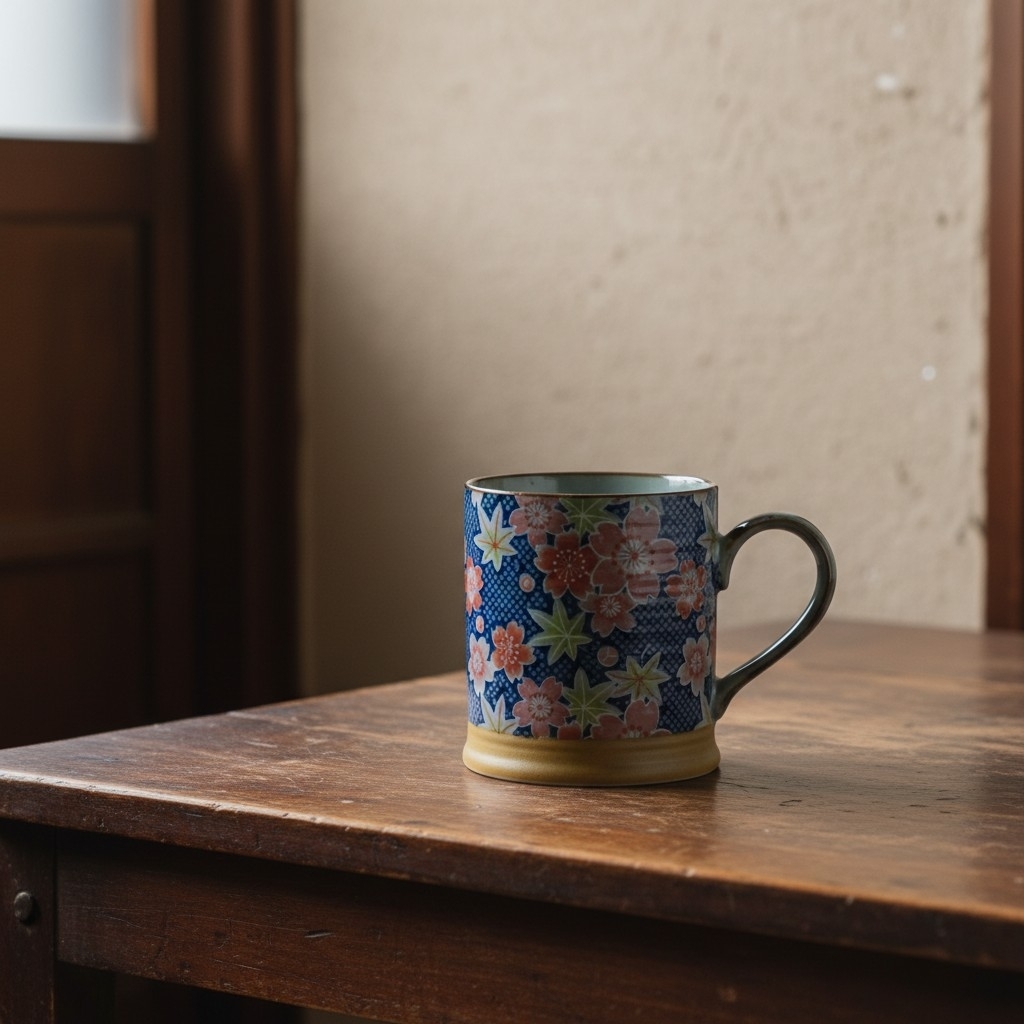 Petit mug japonais Miyakoyuzen en céramique posé sur une élégante table en bois naturel