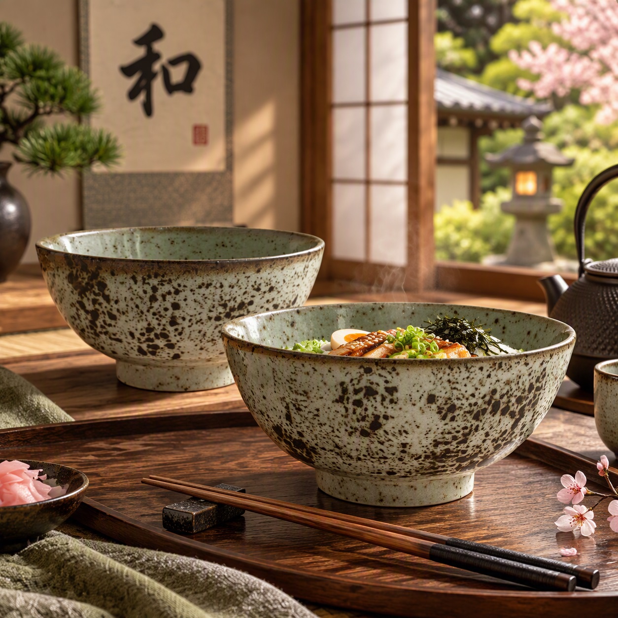 Set de 2 bols japonais tachetés en céramique présenté avec une élégante décoration de table japonaise