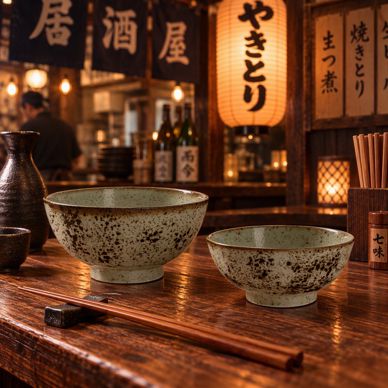 Set de 2 bols japonais tachetés en céramique présenté dans un restaurant izakaya japonais traditionnel