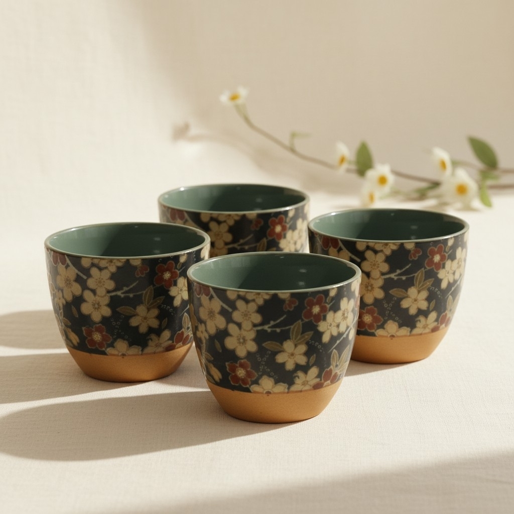 Set de 4 tasses à thé japonaises Dobin en céramique présenté sur une table fleurie aux inspirations japonaises