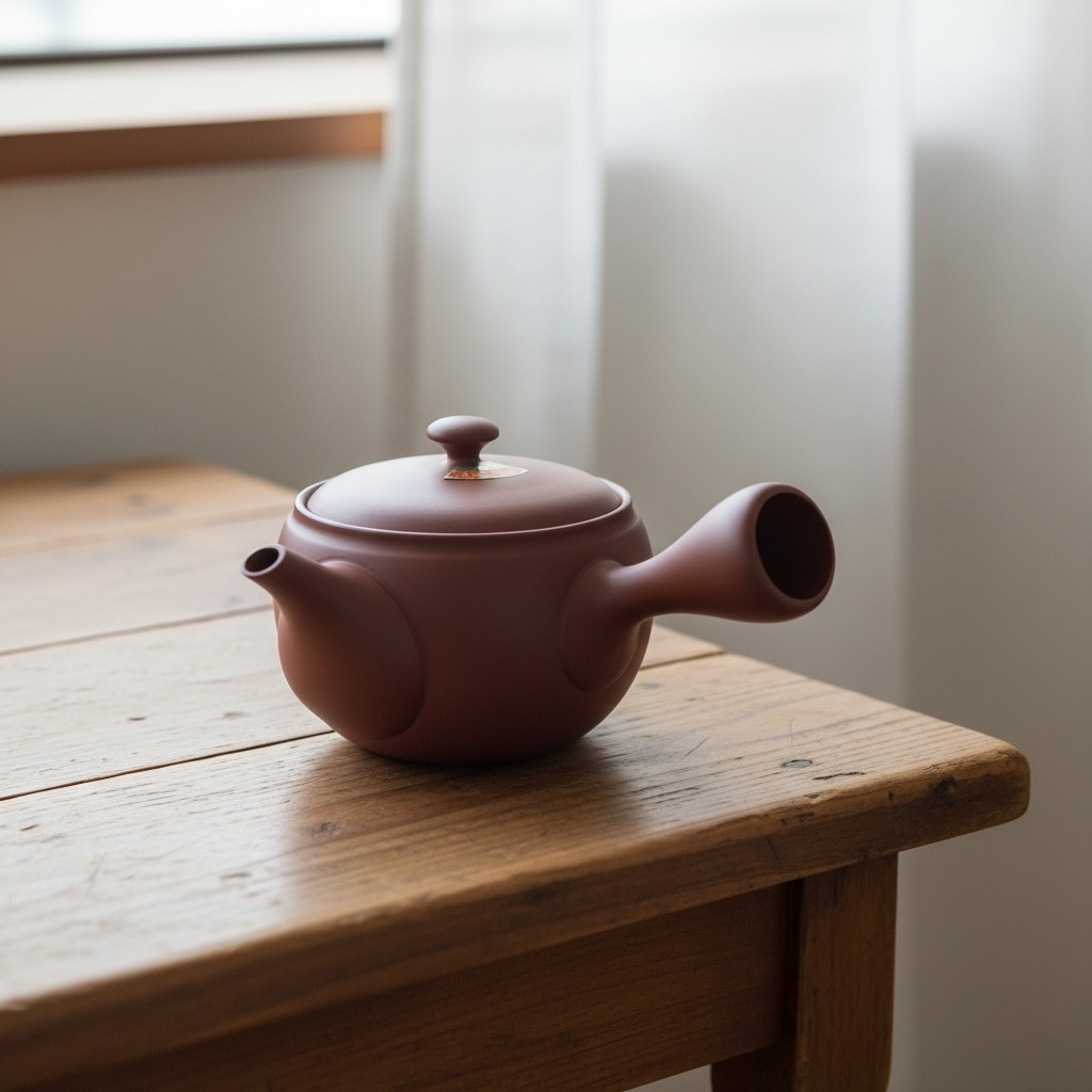 Théière japonaise en céramique présentée sur une élégante table en bois naturel dans une ambiance zen