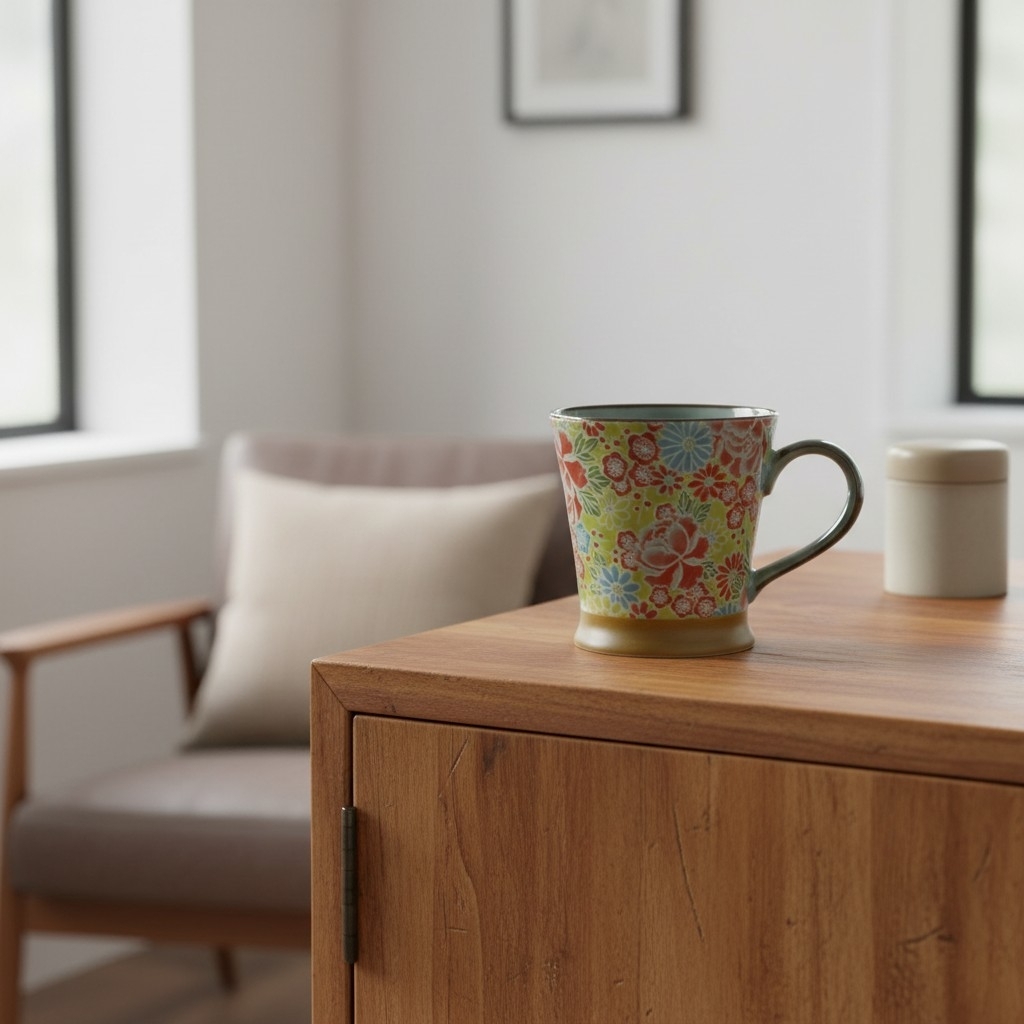 Mug japonais en céramique présenté sur un élégant meuble de salon dans une ambiance japonaise raffinée