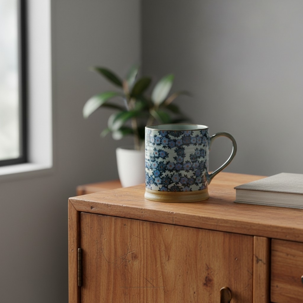 Petit mug japonais Tashoukomon fleuri en céramique présenté sur une commode en bois
