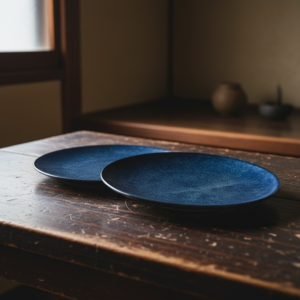 Set de 2 grandes assiettes japonaises bleu nuit présenté sur une table de cuisine en bois