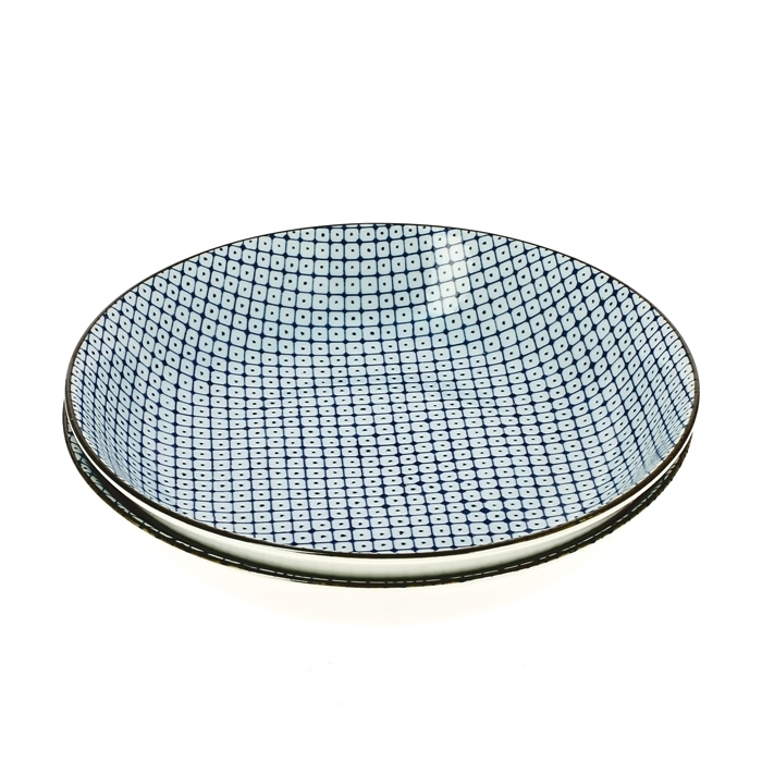 Set de 2 assiettes japonaises bleu et blanc décorées de motifs losanges traditionnels japonais