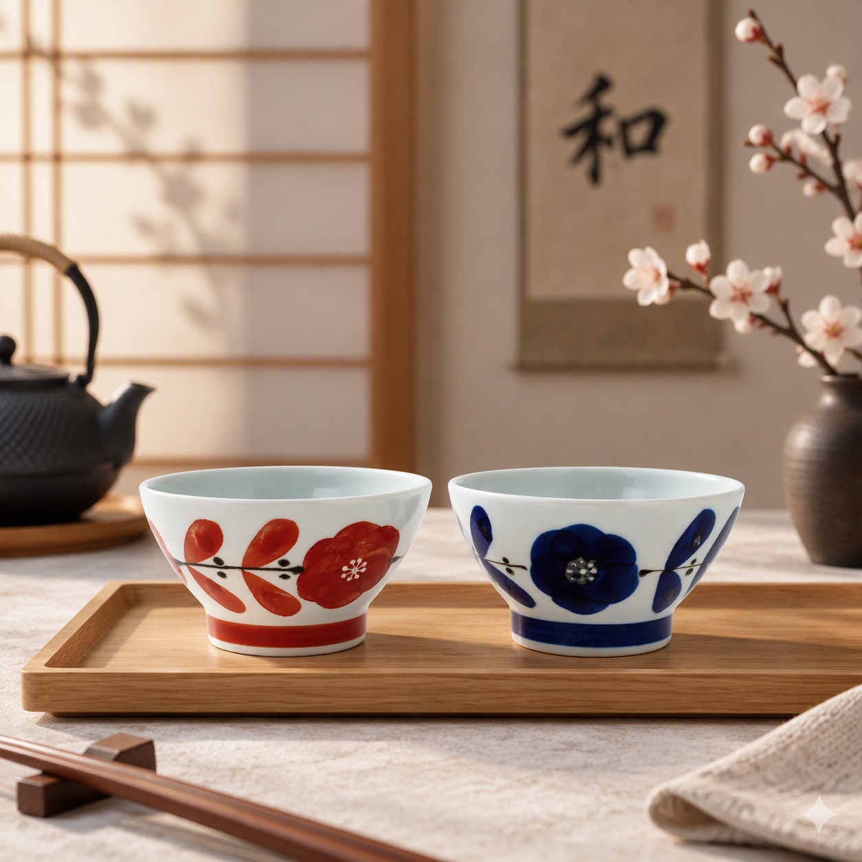 Set de 2 bols japonais Aika en porcelaine de Hasami présenté dans une cuisine japonaise design