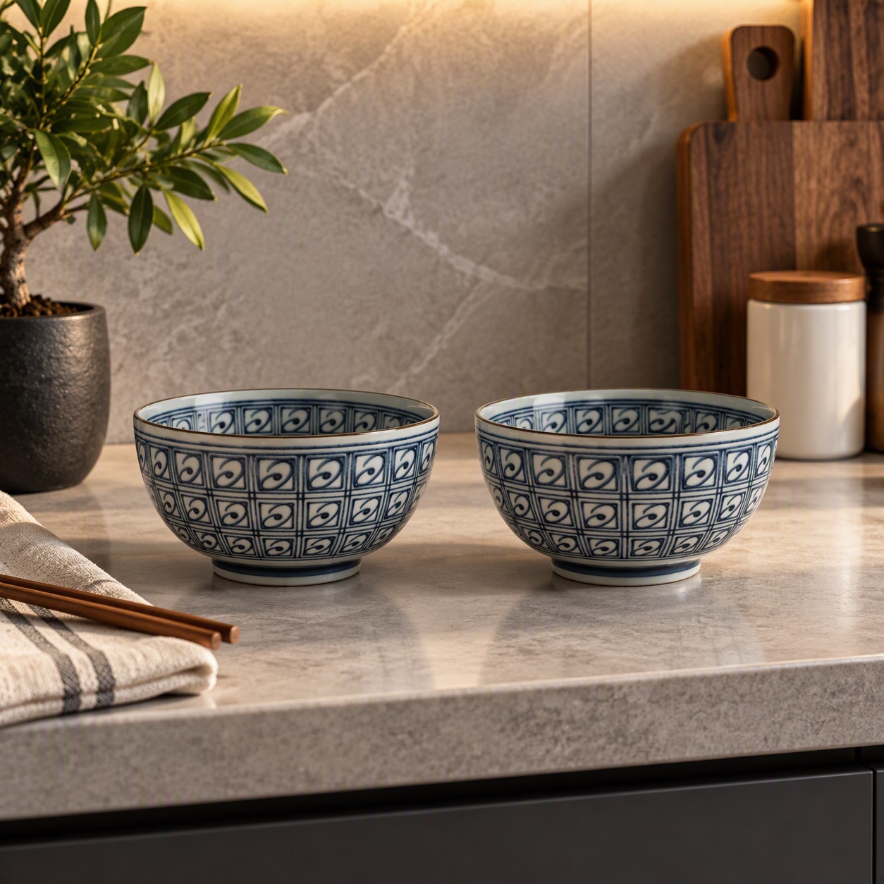 Set de 2 bols japonais bleu et blanc en porcelaine présenté sur le plan de travail d’une cuisine design