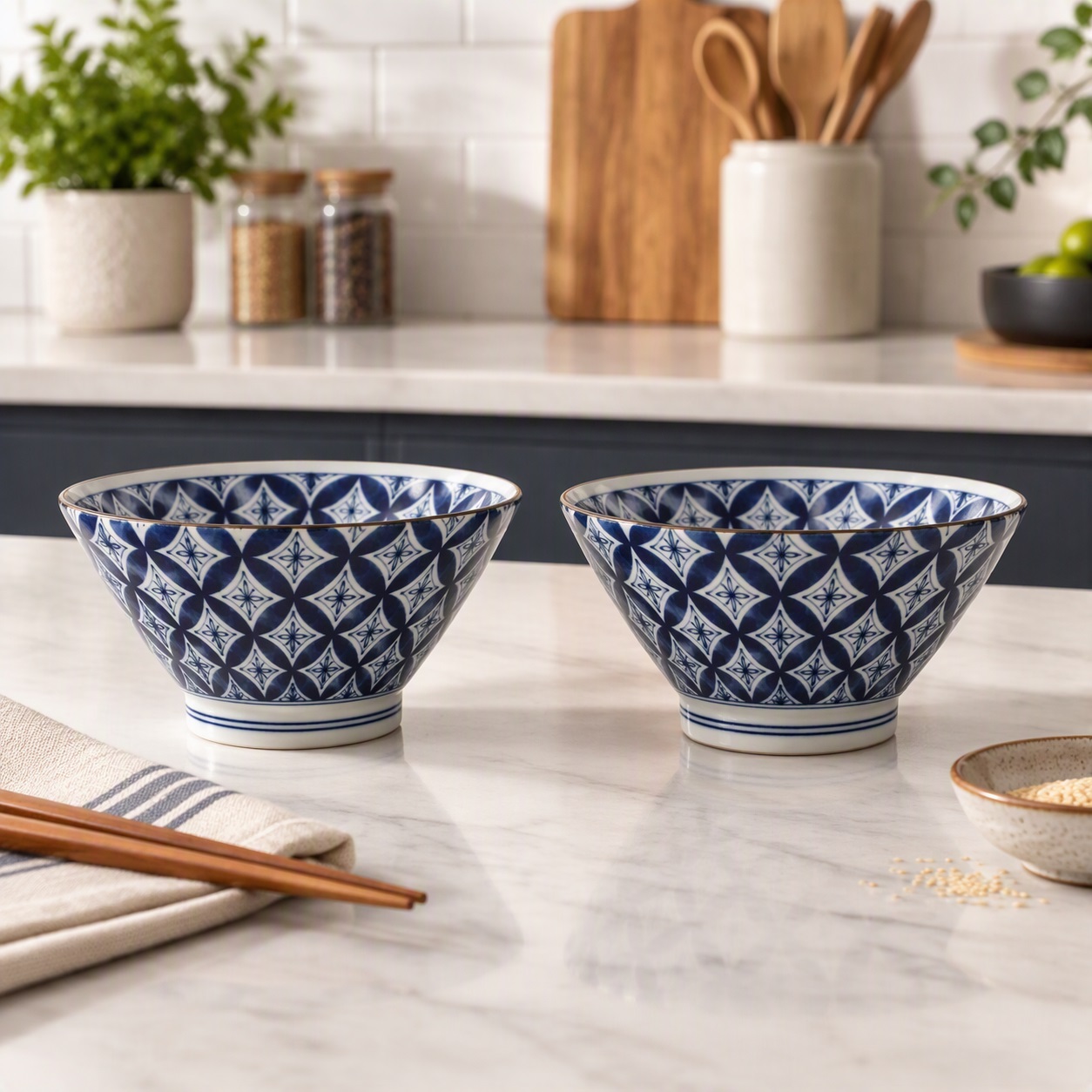 Set de 2 bols ramen japonais à motifs croix présenté dans une cuisine design contemporaine