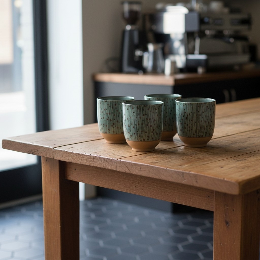 Set de 5 tasses à thé japonaises Tamasudare en céramique de Mino présenté sur une table en bois dans une cuisine design